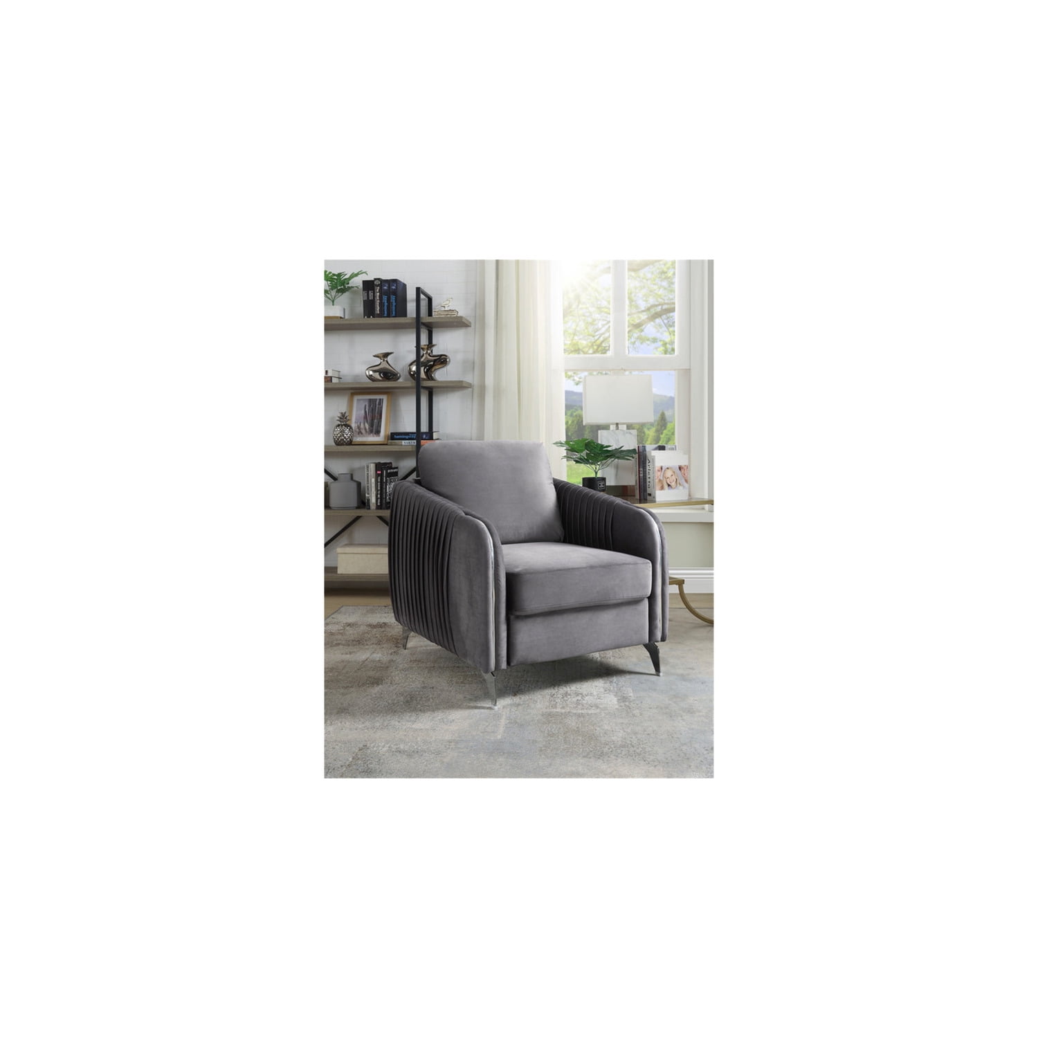 HomeStock Boho Beauty Gray Velvet Accent Armchair with Chrome