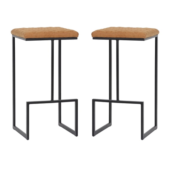 Boho Bar Stools Set of 2 - Leather Counter Height Stools with Metal Frame - Modern Kitchen Bar Furniture