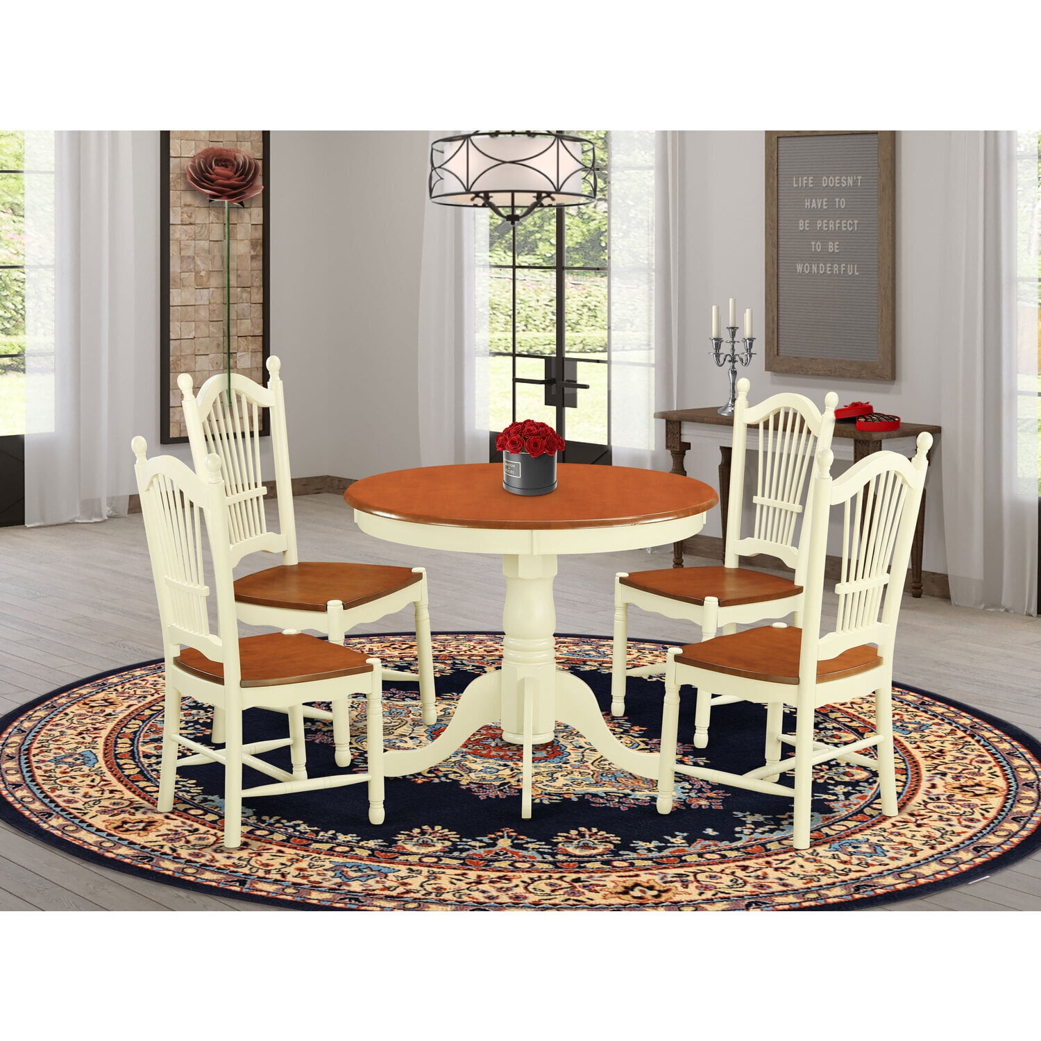 Round Dinette Set 5 Piece - 36 Inch Table & 4 Chairs - Boho Farmhouse