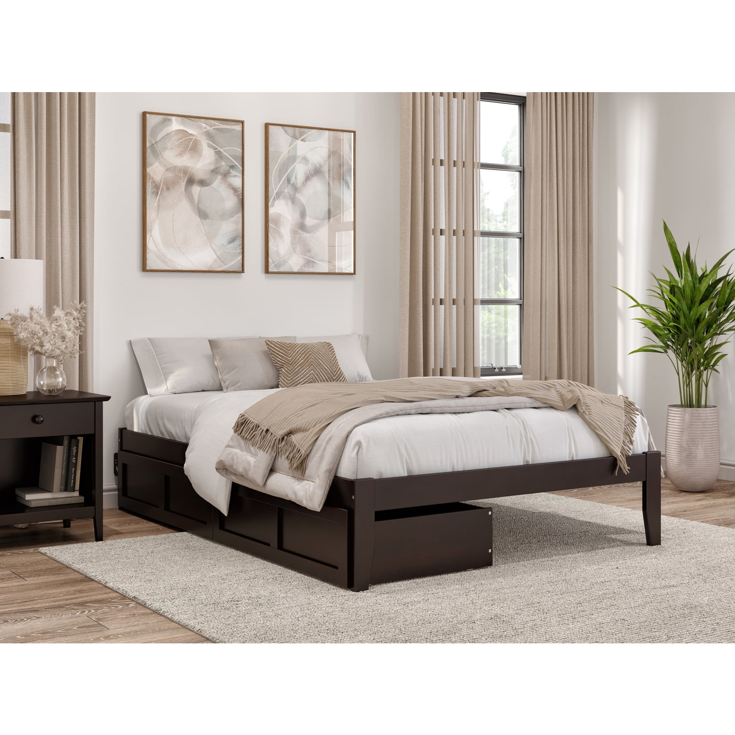 Colorado Full/Double Espresso Wood Frame Bed with Upholstered Drawers