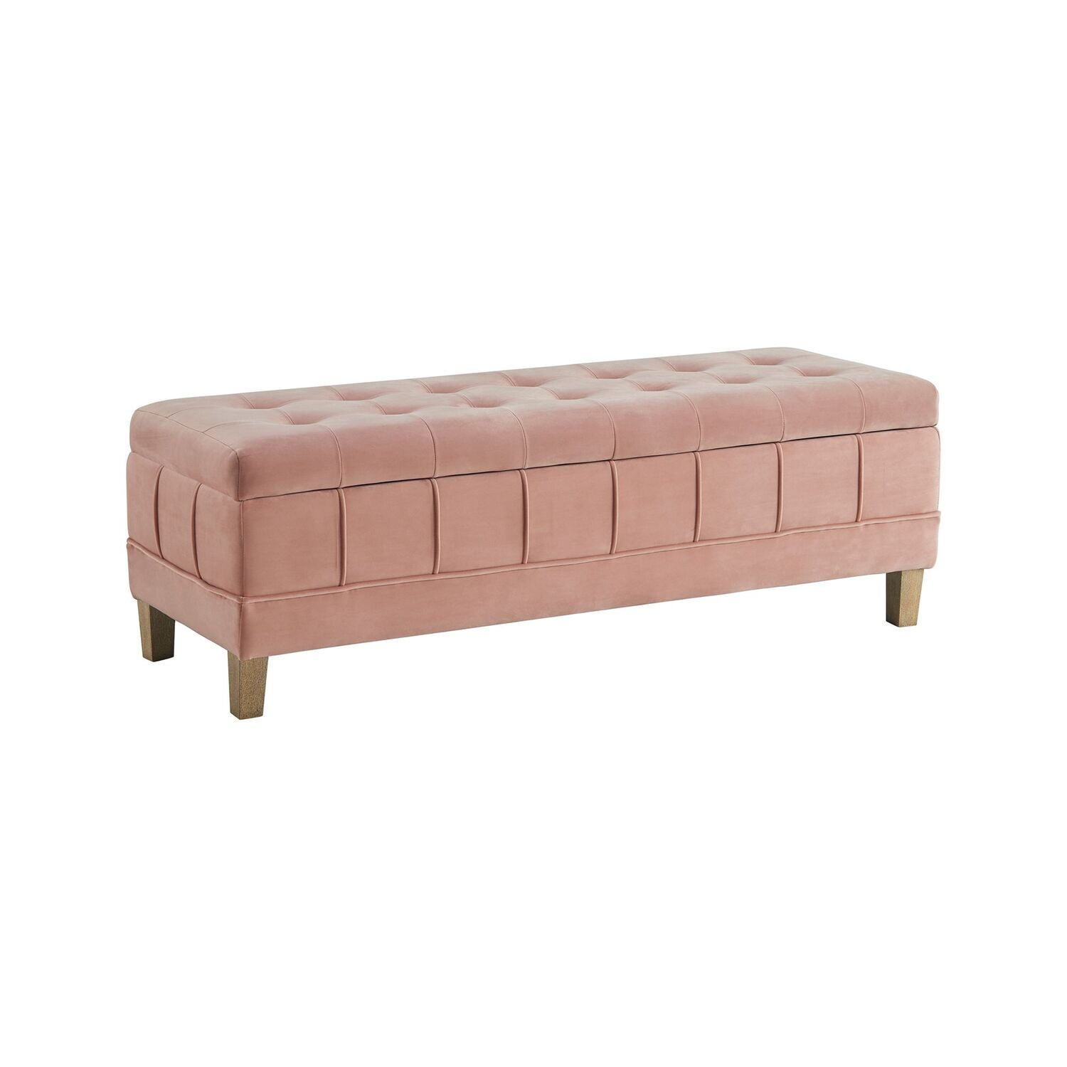 Blush Velvet Tufted Storage Bench with Rubberwood Legs