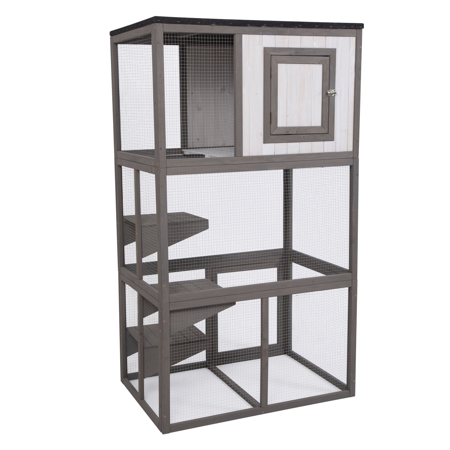 Gray and White Wooden Outdoor Cat House with Climbing Platforms