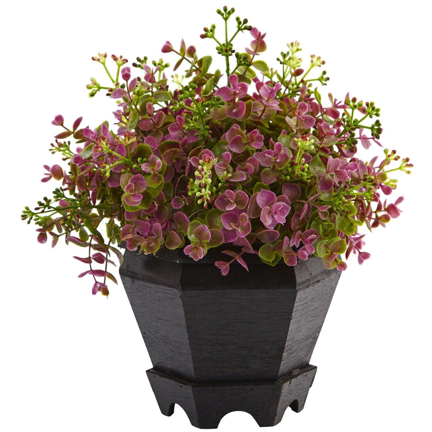 13'' Purple and Green Faux Eucalyptus and Sedum Plant in Black Planter