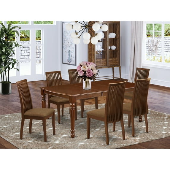 HomeStock City Chic 7Pc Dinette Set Includes A Rectangular Kitchen Table With Butterfly Leaf And Six Linen Seat Dining Chairs, Mahogany Finish