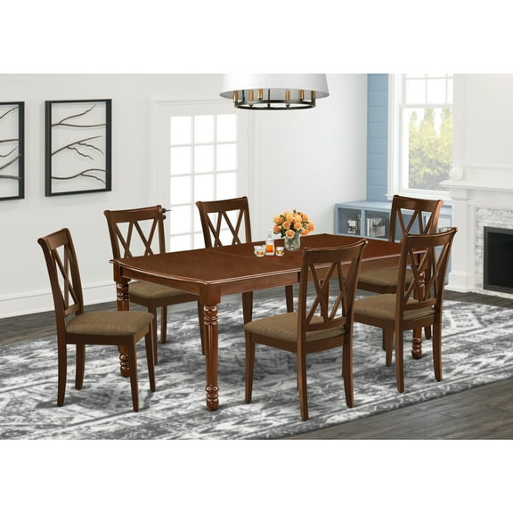 HomeStock City Chic 7Pc Dinette Set Includes A Rectangular Kitchen Table With Butterfly Leaf And Six Double X Back Linen Seat Dining Chairs, Mahogany Finish
