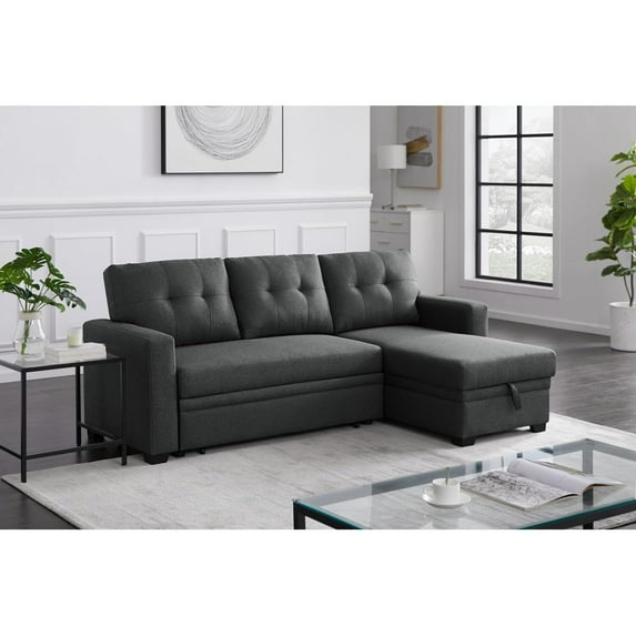 HomeStock City Chic L-Shaped Fabric Reversible, Easy Convertible Pull-Out Sleeper Sectional Sofa-Color:Dark Gray