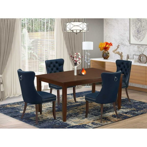 Modern 5 Piece Dining Set - Kitchen Table with 4 Navy Blue Chairs - Mahogany Finish