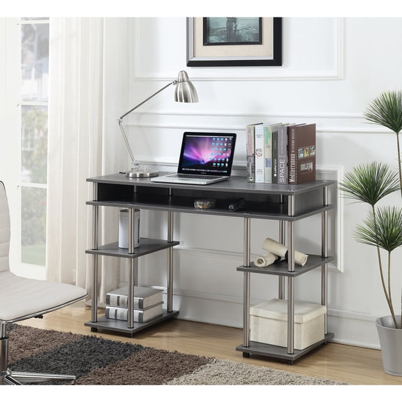 HomeStock City Sleek No Tools Desk Home Office Desk with Shelves, Corner Shelf Vanity Desk Computer Desk Nail Table for Nail Tech - 47.25" L x 15.75" W x 30" H, Charcoal Gray