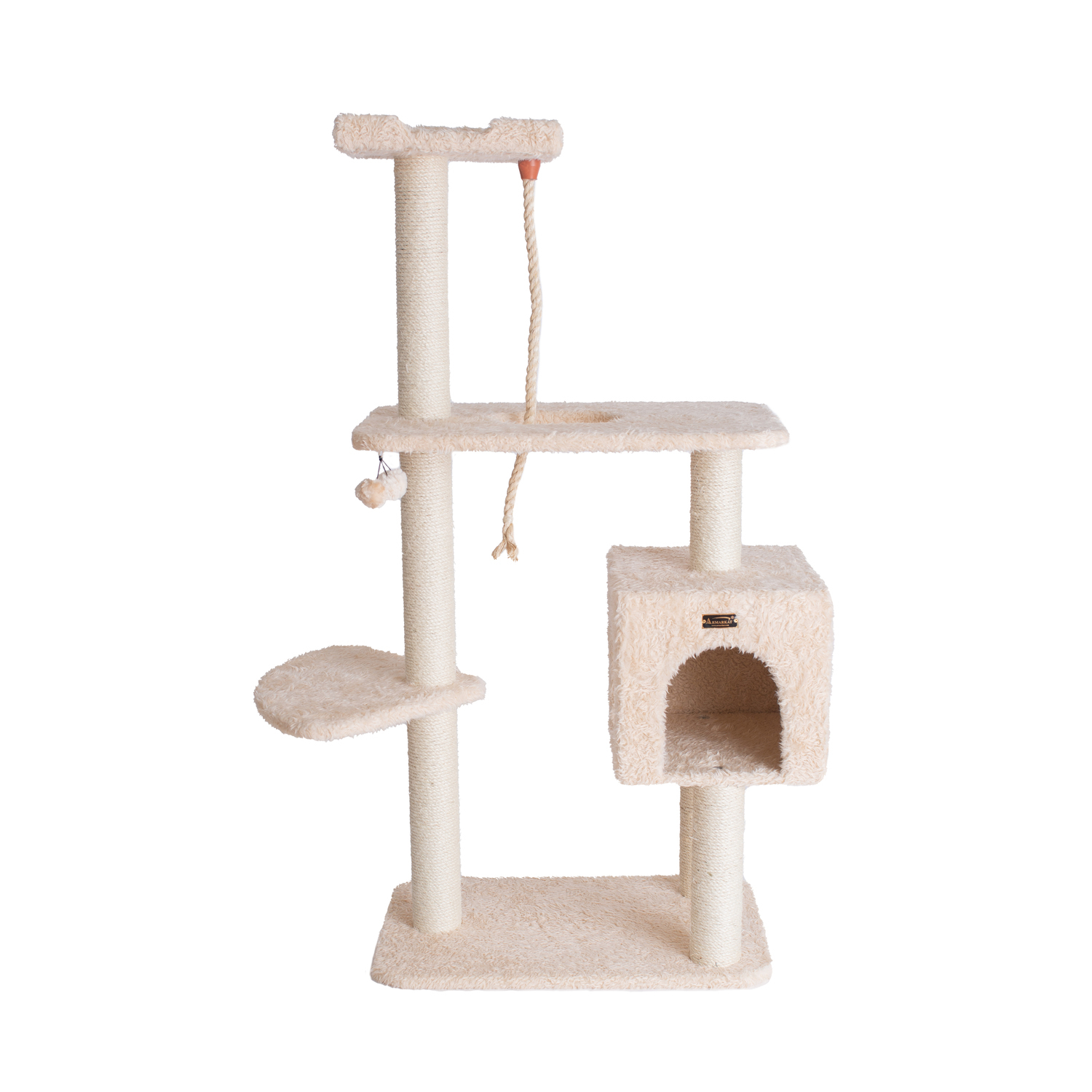 Cat Tree - Beige Faux Fur - 40" Tall - Playhouse, Ramp & Perch - 40 lb Weight Capacity