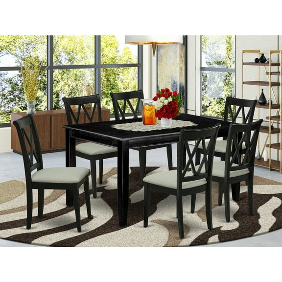Classic Charm 7 Piece Dinette Set Consist of a Rectangle Room Table with Butterfly Leaf and 6 Faux Leather Parson Dining Chairs, 42x60 Inch, Black