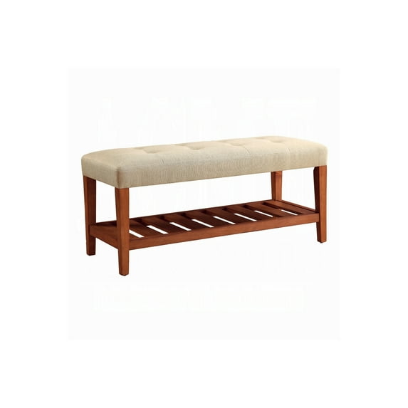 HomeStock Classic Charm Upholstered Entryway Bench with Tufted Padded Seat and Lower Storage Shelf for Shoes or Decor-Color:Beige