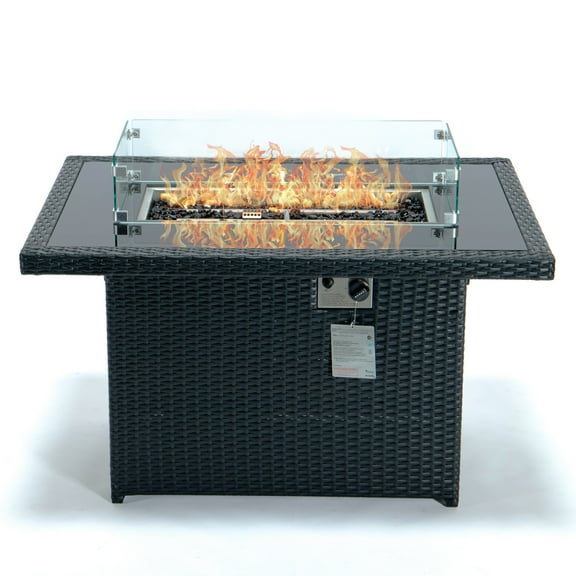 Outdoor Propane Fire Pit Table - Patio Heater with Wicker Frame & Tabletop - Modern Fire Bowl