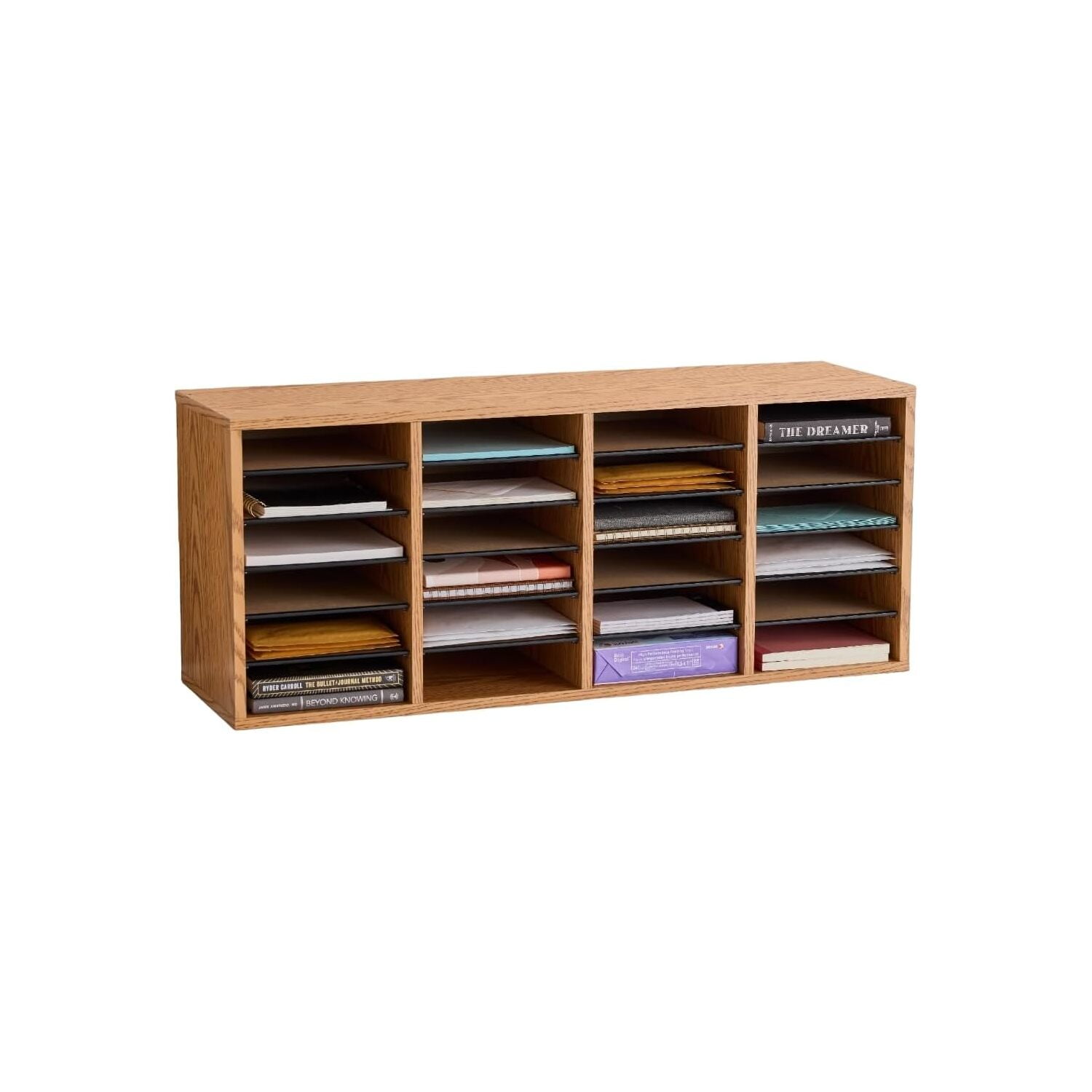 Medium Oak Adjustable Wood Literature Organizer with 24 Compartments