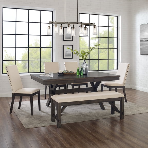 Farmhouse Dining Set - 6 Piece Table, Bench & Chairs - Rustic Kitchen Set
