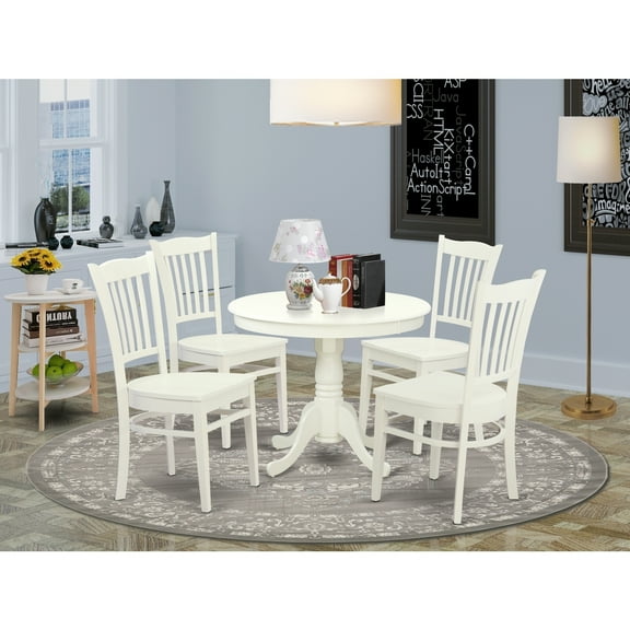 5 Piece Dining Set - Round Kitchen Table & 4 Chairs - 36 Inch - Classic Comfort - Linen White