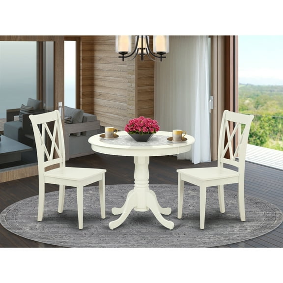 Coastal Kitchen Table Set - 3 Piece Dining Set for Small Spaces - Round Table with 2 Chairs - Linen White