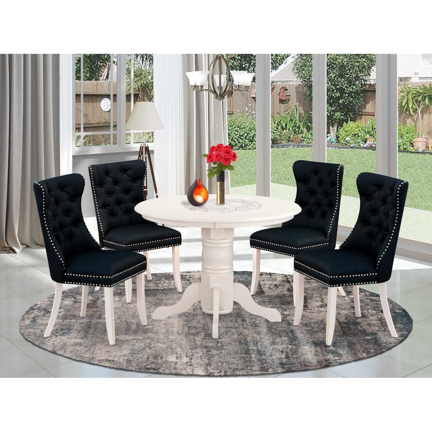 Modern 5 Piece Dining Set - Round Kitchen Table with 4 Linen Chairs ...