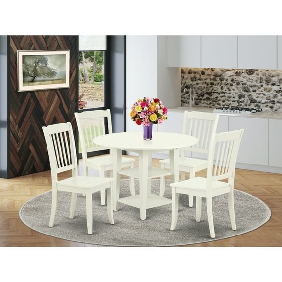 Coastal Dining Set 5Pc Round Table w/ Drop Leaves & 4 Chairs - 20/42 Inch
