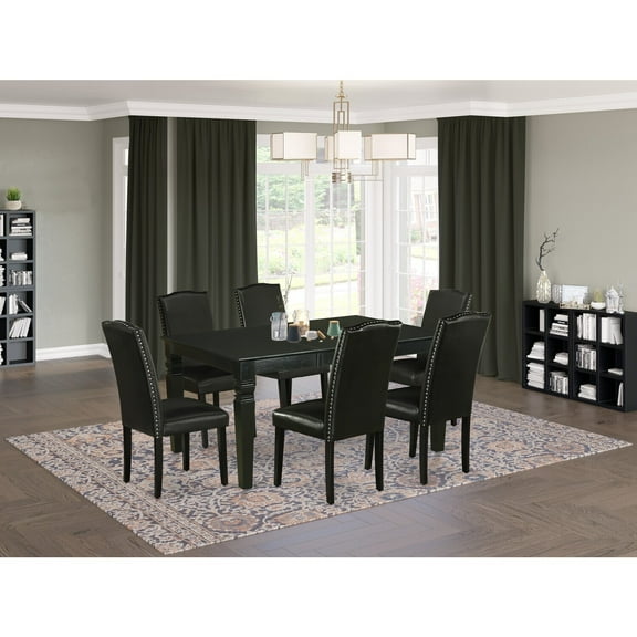 Coastal Charm Dinette Set - 7Pc Rectangular Table & 6 Chairs - 42/60" Table with Leaf - Black PU Leather