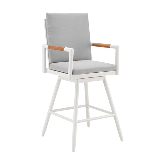 HomeStock Coastal Charm Outdoor Patio Swivel Bar or Counter Stool in Aluminum with Brown Rope and Light Gray Cushions, , Weather-Proof Design
