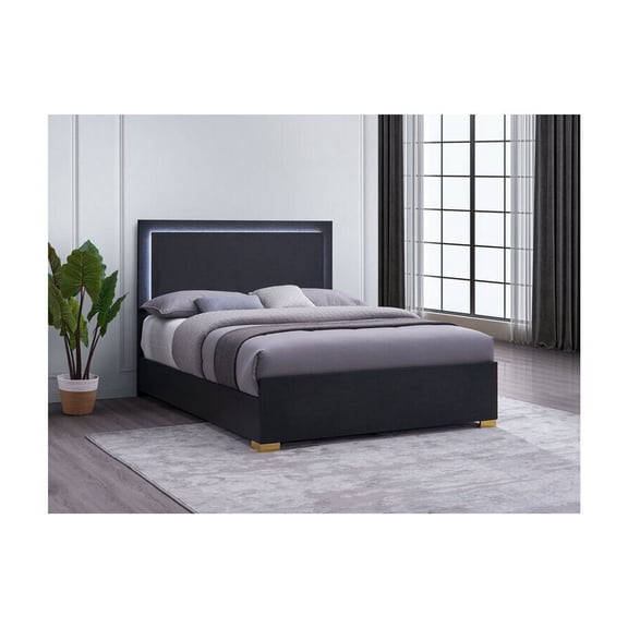 HomeStock Coastal Charm Wood Panel Bed in Black - Chic Design with Energy-Efficient Lighting, Durable Construction with Gold Metal Feet, 62.5" L x 84.5" W x 50.5" H