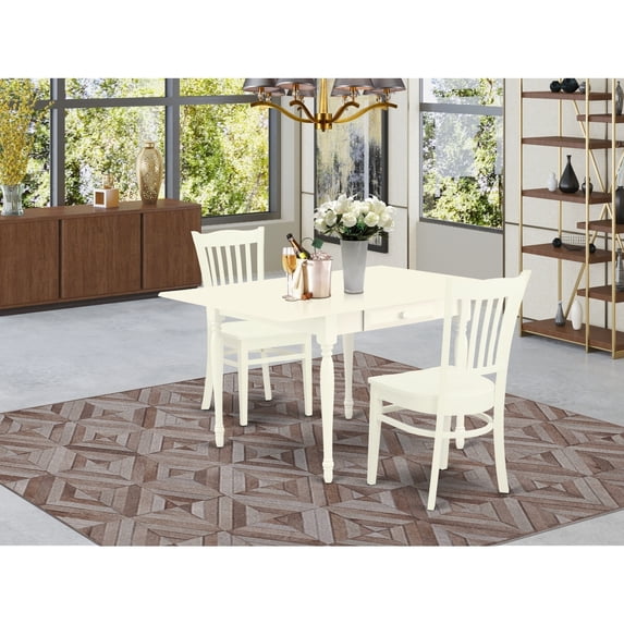 Coastal Kitchen Table Set - 3 Piece Wood Dinette Set with Chairs - Linen White Finish - 36-54" Table