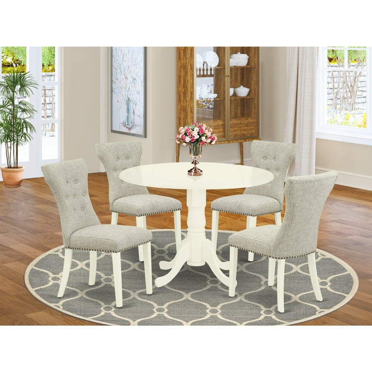 HomeStock Coastal Cool 5 Pc Kitchen Table Set Included A Round Dining Table 4 Fabric Kitchen Chairs Doeskin Linen Fabric Parson Chairs Seat With