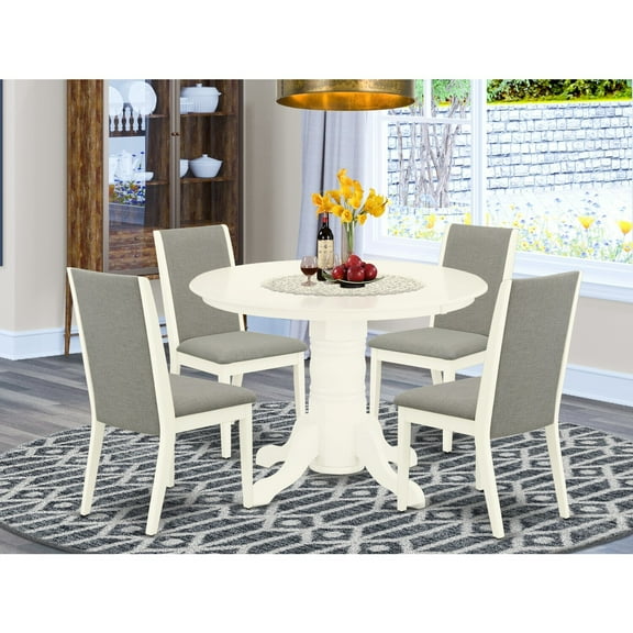 HomeStock Coastal Cool 5 Piece Room Set Includes a Round Kitchen Table with Pedestal and 4 Shitake Fabric Parson Dining Chairs, 42x42 Inch, Linen White