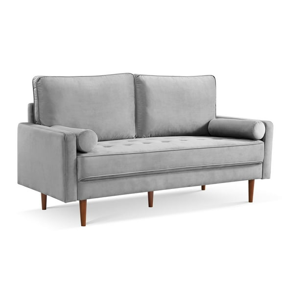 HomeStock Coastal Cool 69" Wide Upholstered Two Cushion Sofa with Bolster Pillows in Grey Velvet