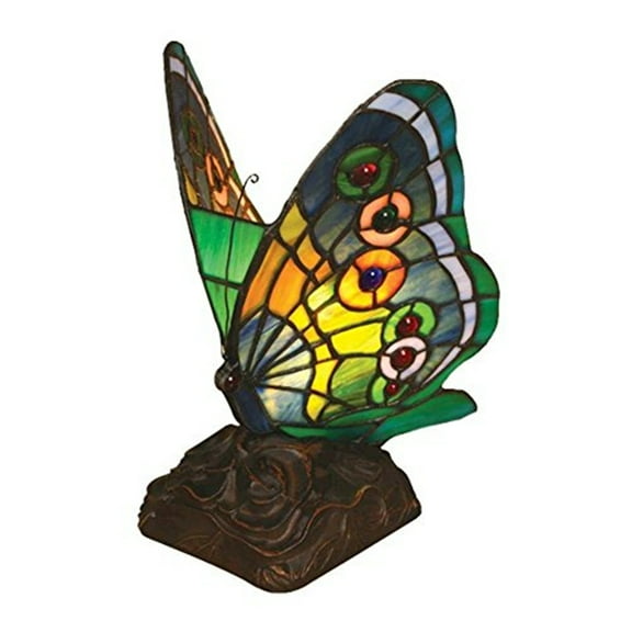 HomeStock Coastal Cool Butterfly Accent Table Lamp, Handcrafted Stained Glass with Bronze Base, Tiffany-Style, 15-Watt Bulb Compatible, Compact 10" Tall Design