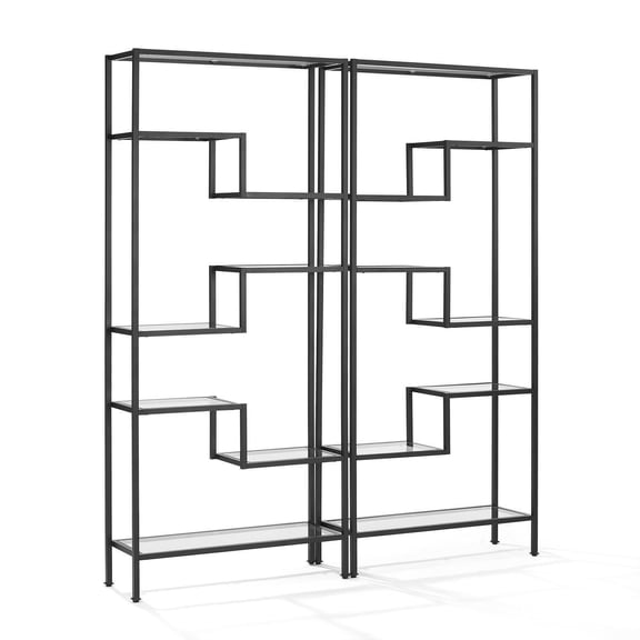 Modern Etagere Set - 2-Piece Glass Shelving Unit - Black Metal Display Rack - Home Office Living Room Decor