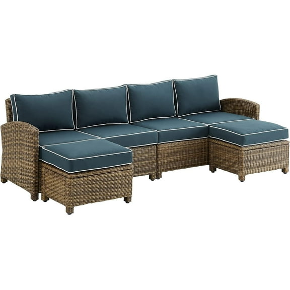 HomeStock Coastal Cottage 4Pc Outdoor Wicker Sectional Set for Porches and Patios- Left Loveseat, Right Loveseat, & 2 Ottomans-Color:Navy