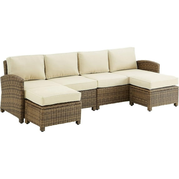 HomeStock Coastal Cottage 4Pc Outdoor Wicker Sectional Set for Porches and Patios- Left Loveseat, Right Loveseat, & 2 Ottomans-Color:Sand