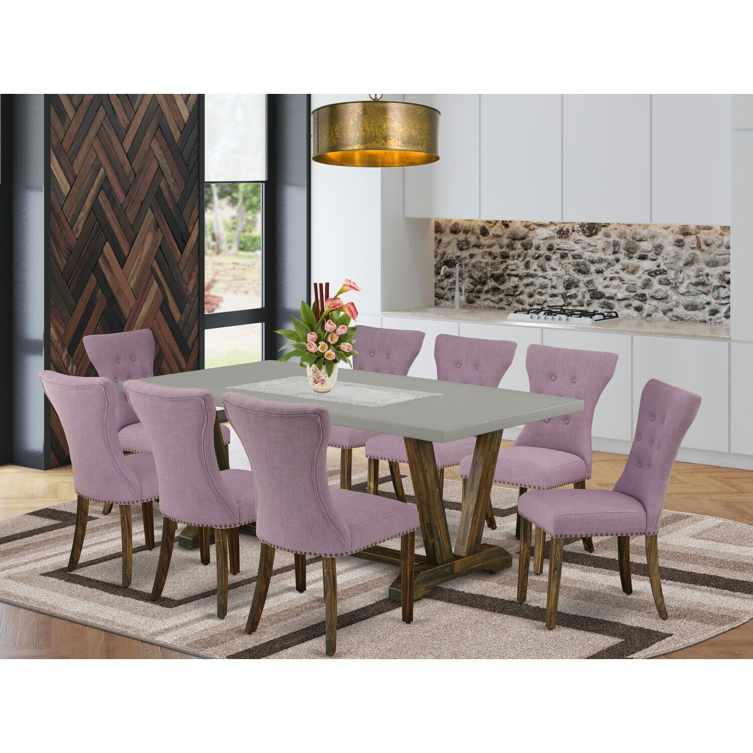 Mahogany and Light Tan 9-Piece Dining Set with Rectangular Table