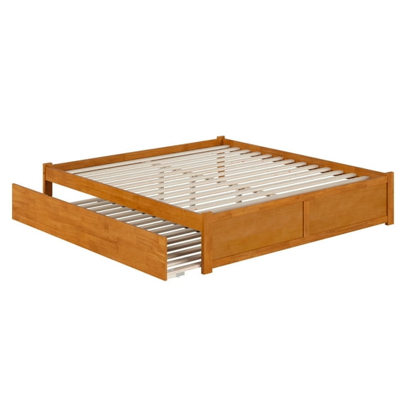 King Size Wood Platform Bed with Trundle - Coastal Cottage Style Bed Frame - Light Toffee Finish