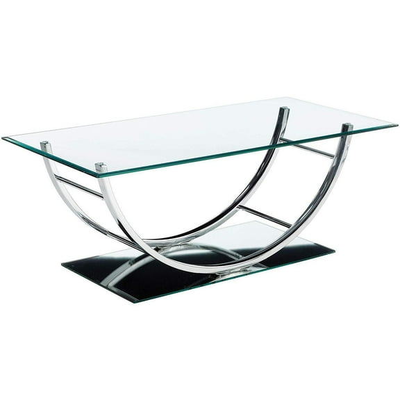 HomeStock Coastal Cottage U-Shaped Chrome Coffee Table, 18" H x 48" W x 24" D, Glass Top with Chrome U-Shaped Legs and Reflective Tempered Glass Base for Modern Decor