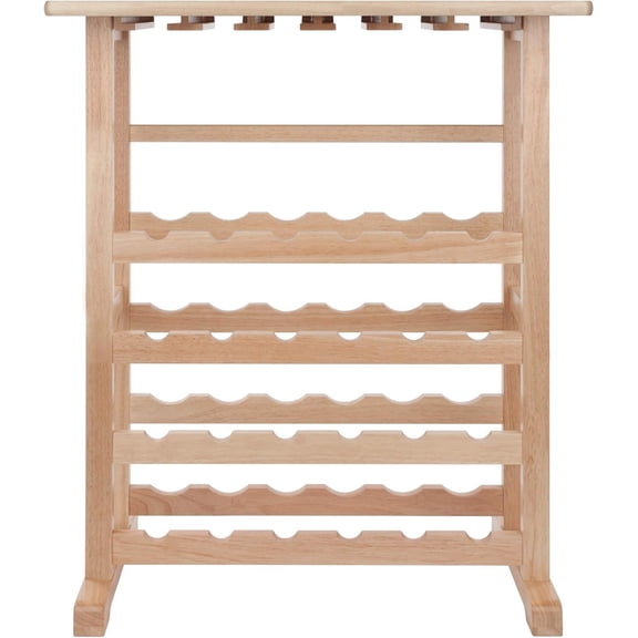 HomeStock Coastal Craftsman 24-Bottle Wine Rack With Glass Rack, Beechwood Finish, 31.5"W x 35.67"H x 16.22"D, Engineered Wood Material, Store Upto 24 Slim Wine Glasses