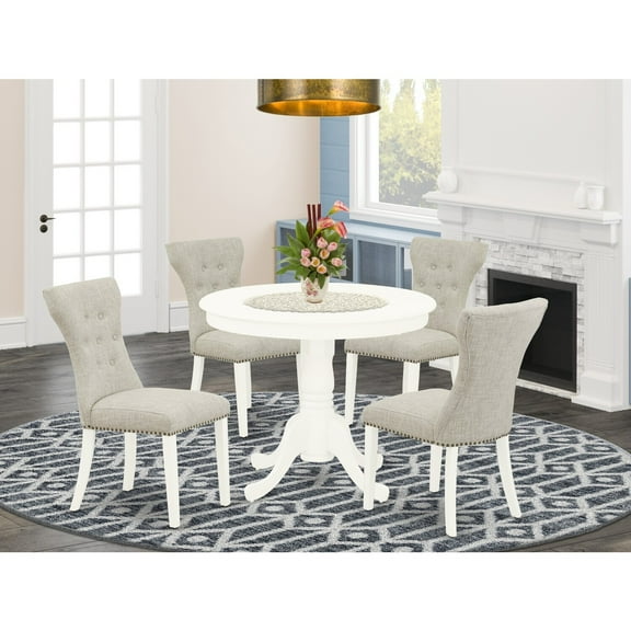 Homestock Coastal Craftsman 5 Piece Dinette Set Included A Round Dining Table & 4 Dining Room Chairs, Doeskin Linen Fabric Parson Chairs Seat With Rubber Wood Legs, Linen White Finish
