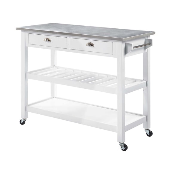 HomeStock Coastal Craftsman 3-Tier Stainless Steel Kitchen Cart with Drawers - 20.5"D x 44"W x 35.5"H, Tiered Shelf, 2 Locking & 2 Regular 360-Degree Swivel Caster Wheels-Color:White