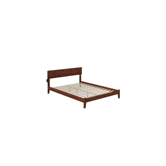 Low Profile Platform Bed with USB - Walnut Finish, Mid-Century Modern Design & Slat Kit