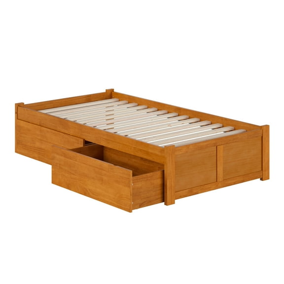 HomeStock Coastal Craftsman Twin Solid Wood Platform Bed with Footboard & Storage Drawers in Light Toffee