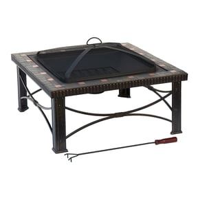 Slate Fire Pit - 30" Square Wood Burning Outdoor Patio Heater with Cover & Poker
