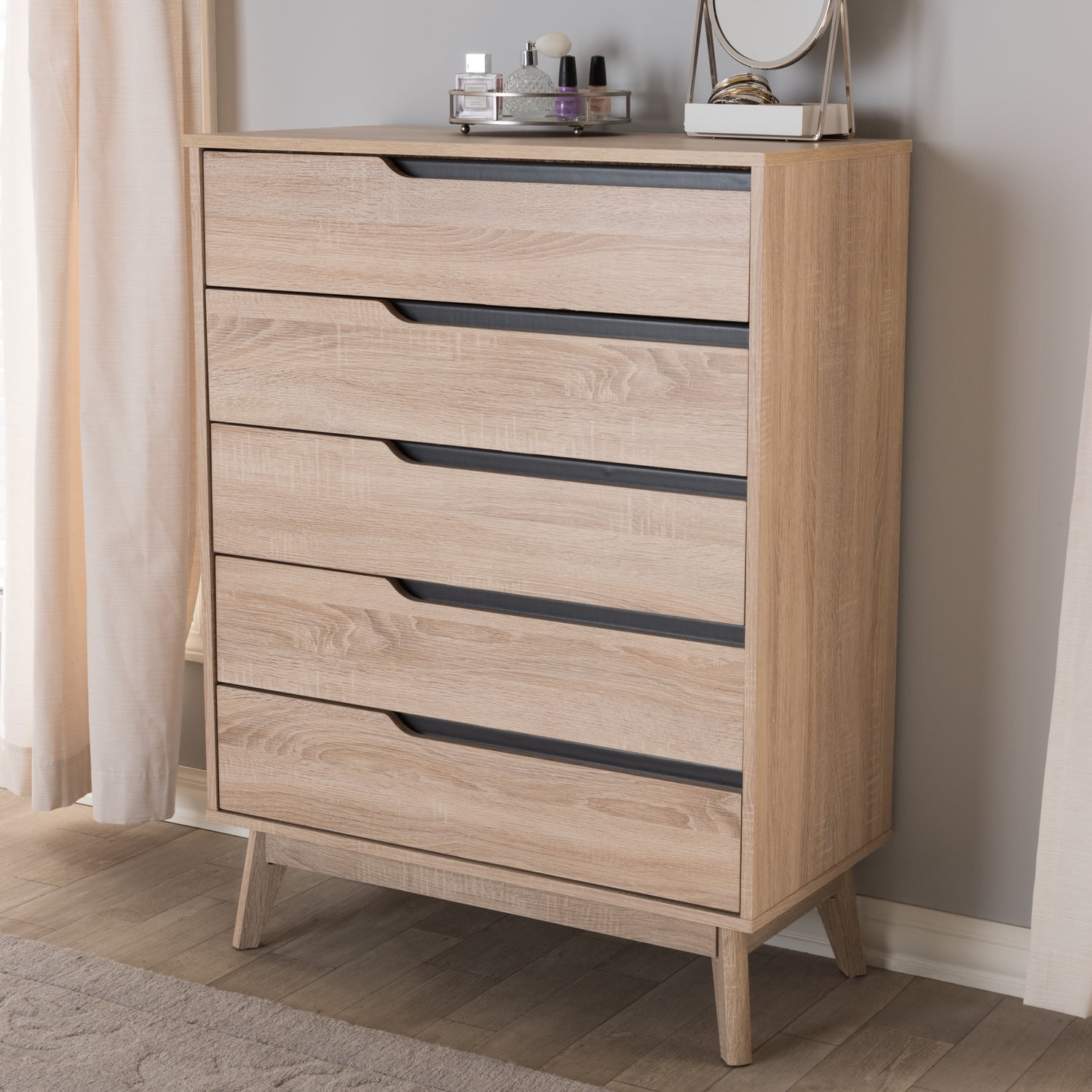 Fella Mid-Century Oak and Gray 5-Drawer Vertical Chest