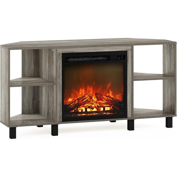HomeStock Earthy Elegance Open Storage No Heat Decorative Electric Fireplace Corner TV Stand, Entertainment Center with Plastic Poles for TV up to 55 Inch-Color:French Oak Grey,Size:Corner with Legs
