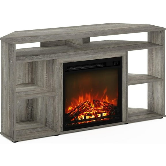 HomeStock Earthy Elegance Open Storage No Heat Decorative Electric Fireplace Corner TV Stand, Entertainment Center with Plastic Poles for TV up to 55 Inch-Color:French Oak Grey,Size:Corner with Top Sh