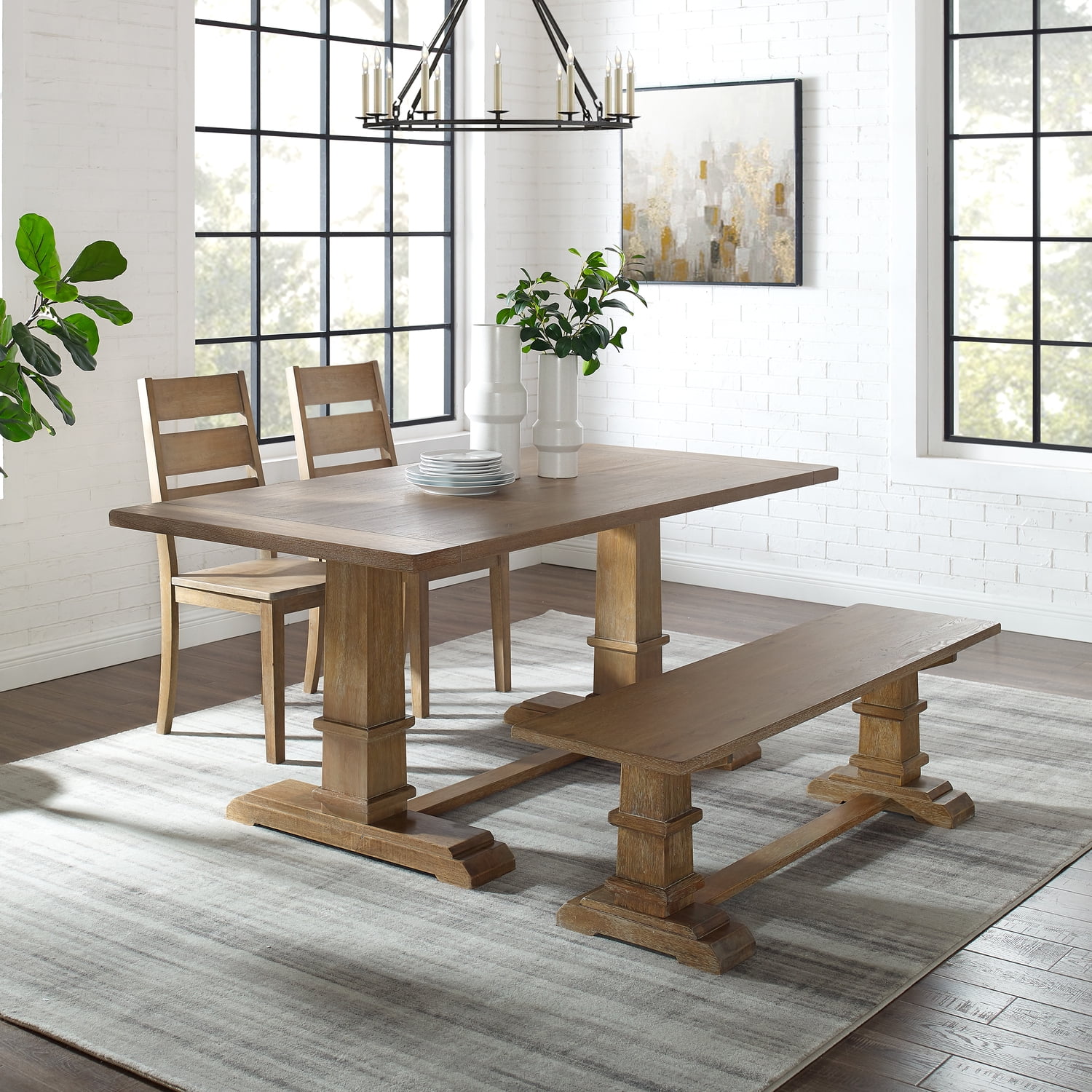 Rustic Brown Farmhouse Dining Set with Bench and 2 Chairs