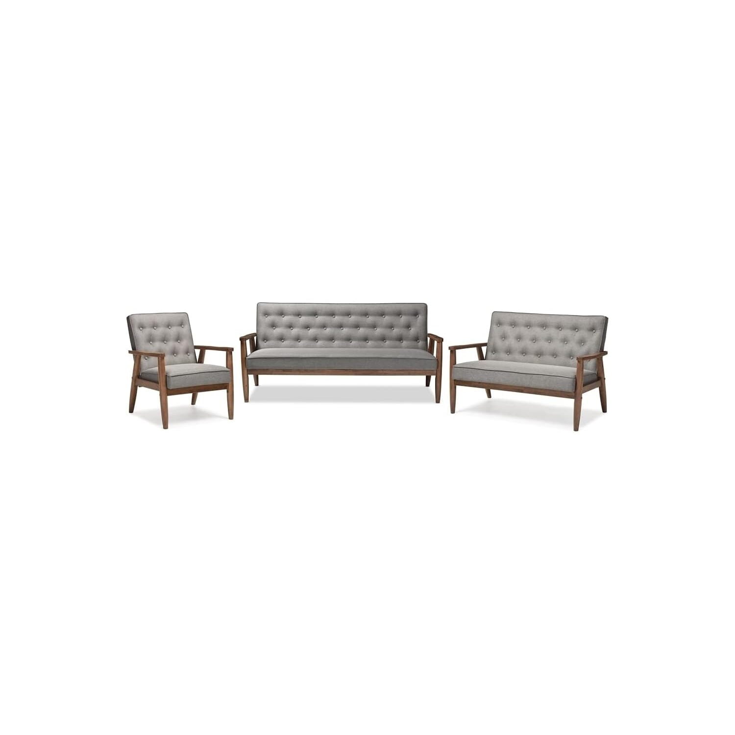 Sorrento Retro Modern Grey Fabric 3-Piece Living Room Set