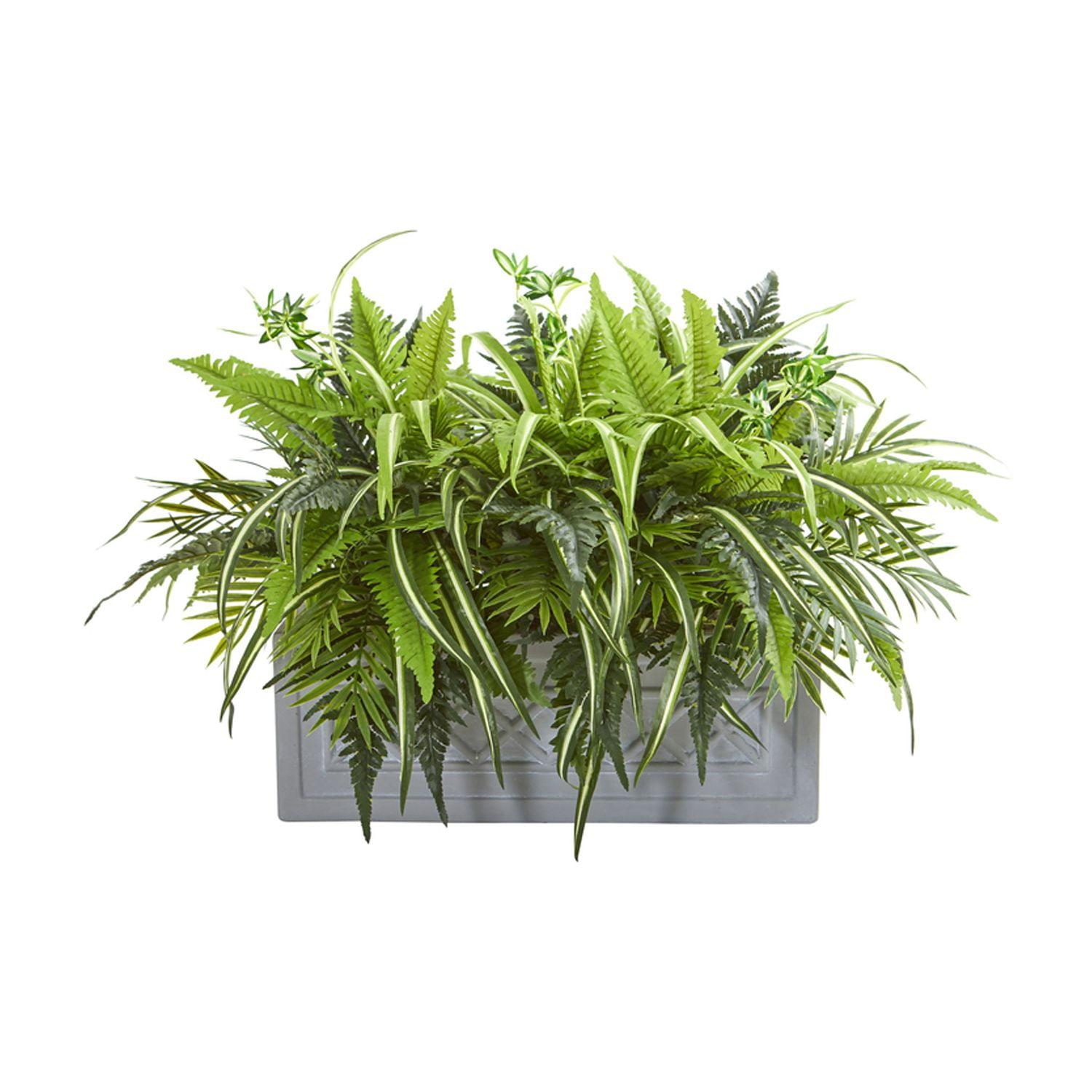 Lush Outdoor Fern in Rectangular Stone Planter, 22" Green
