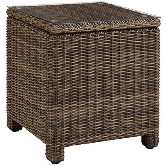 HomeStock Country Cottage Outdoor Wicker/Rattan Tempered Glass Top Side Table, Patio Side/End Table, Powder-coated Steel Frame, 20.00 x 20.00 x 21.25 Inch, Weathered Brown