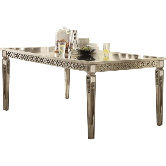 Rectangular Dining Table, Button Tufted Design, Champagne Finish, 80" Table with Leaf